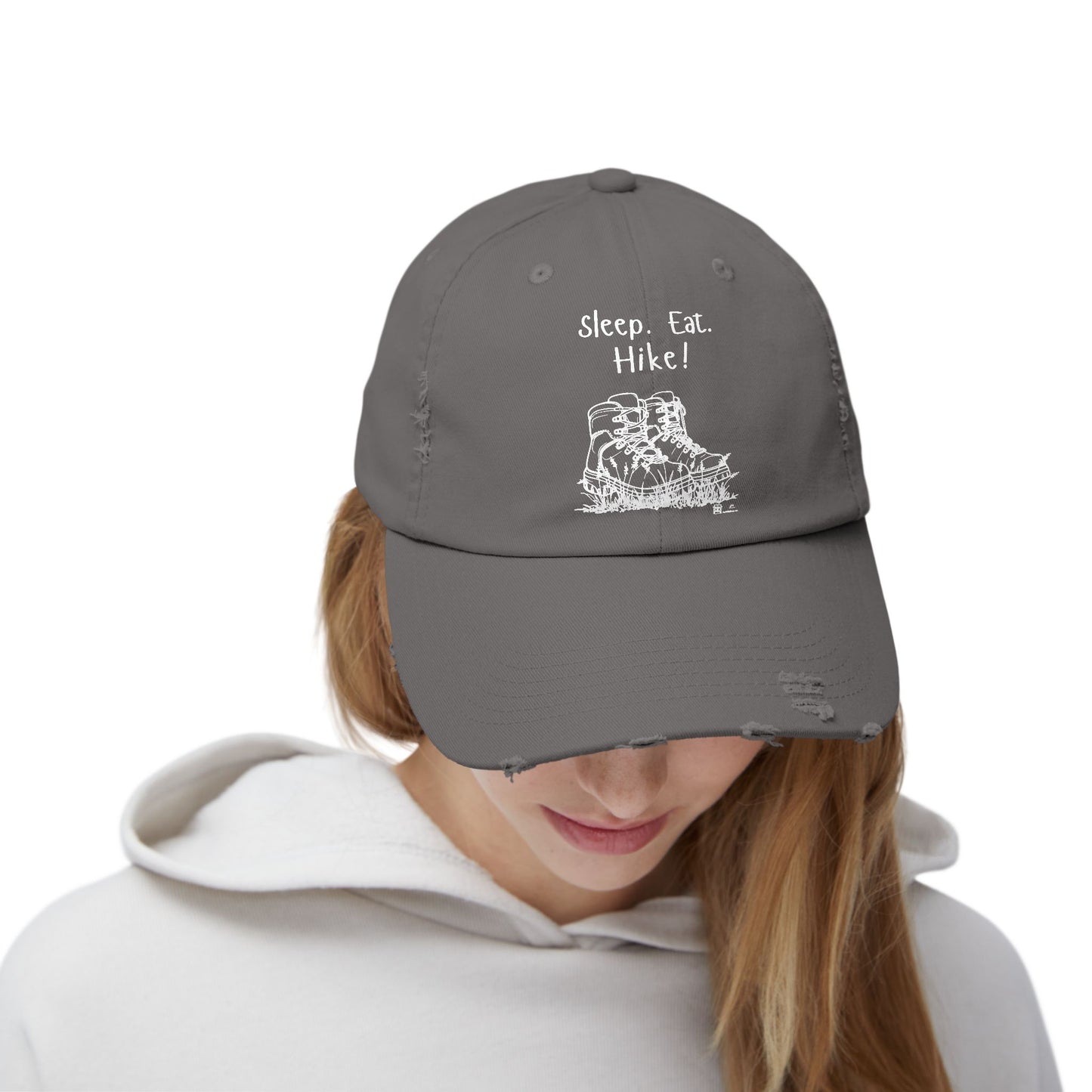 "Sleep. Eat. Hike!" - Hiking Distressed Cap, Outdoor Trail Hat (no flowers in boots)