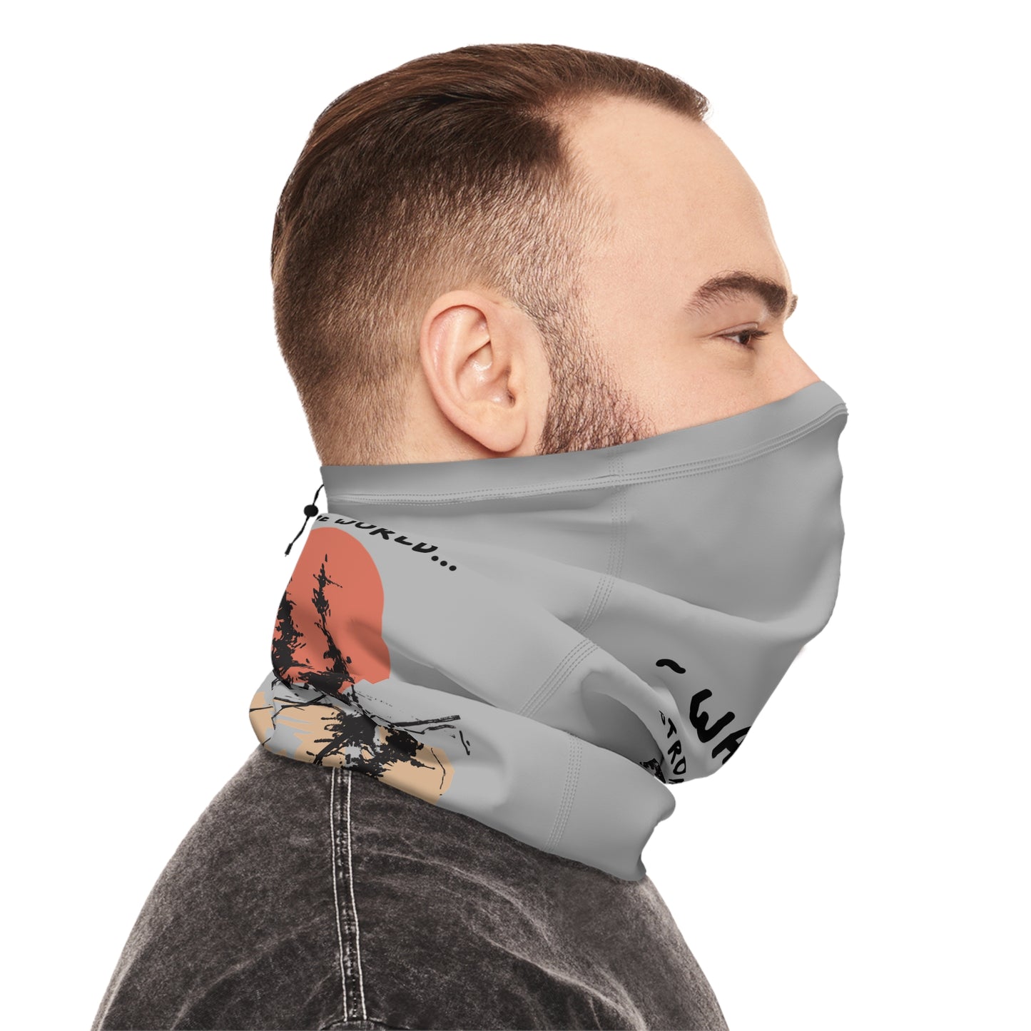 Wanderlust Neck Gaiter — Drawstring Winter Face Covering with Forest Sunset Design