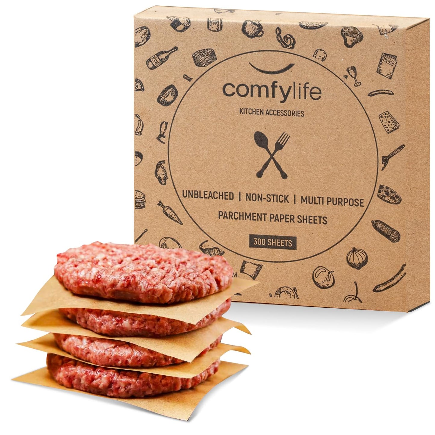 Comfylife 200 Parchment Sheets - No Curl, No Tear, No Burn Baking Paper (10 x 15 inch) - Precut, Unbleached Parchment Paper for Baking & Cooking